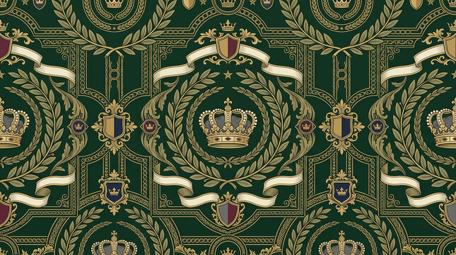 Green damask wallpaper with crowns and heraldic shields ornate vintage pattern.