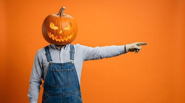 Person wearing a scary glowing pumpkin head mask while pointing sideways against a bright orange background for creative holiday concepts