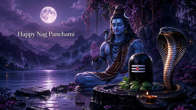 Mahadev blessing sacred shiv lingam beside majestic cobra during nag panchami celebration beneath full moon in enchanting purple mountain lake