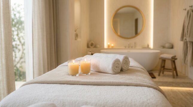 Lit candles, towels, and a bathtub in a soft lit spa room with a massage bed ready for treatment.