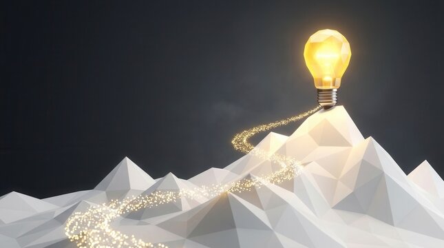 Bright lightbulb symbolizing success and creative thought as an idea ascends a mountain peak via a glowing path.