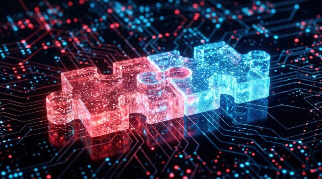 API integration concept digital art showing system network connectivity with two interlocking puzzle pieces and data exchange elements.