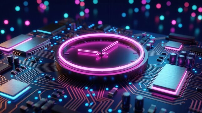 High tech interface and futuristic clock with glowing pink neon hands visualizing time, speed, and progress on a digital circuit board.