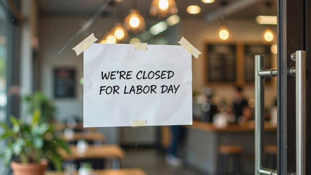 Closed for Labor Day sign on cafe door. Small business holiday notice on glass window.