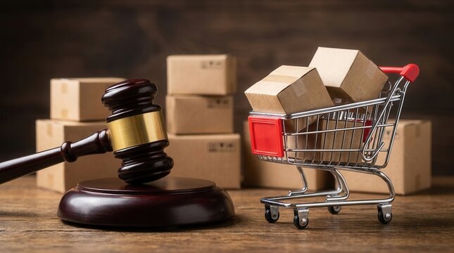 Legal services for consumer protection featuring a lawyer gavel and shopping cart with delivery parcels.
