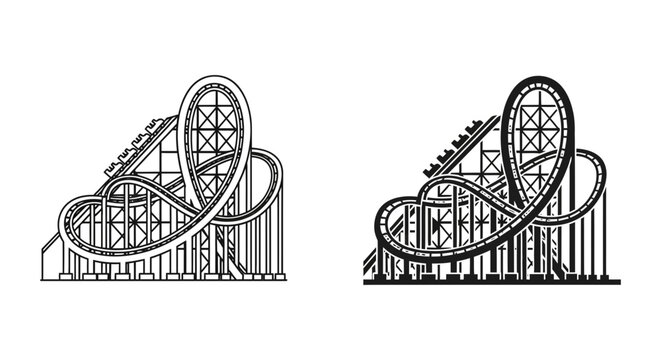 Roller coaster line art with detailed structural elements black and white silhouette