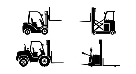 Forklift Icons Set, Warehouse Equipment Vector Graphics, Industrial Machinery Silhouettes © ADIBA