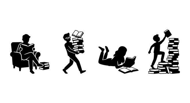 Reading People Silhouettes, Book Stack Icons, Knowledge Acquisition, Learning Lifestyle Vector Set