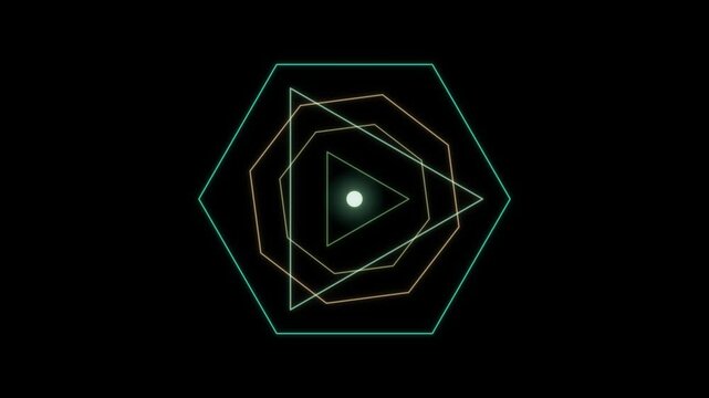 Abstract geometric shapes with overlapping translucent polygons surrounding a central glowing orb against a dark background.
