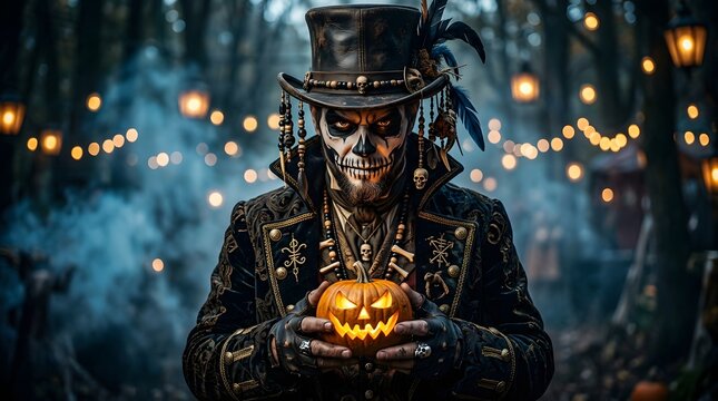 Mysterious man wearing detailed skull makeup and dark vintage clothing holds a glowing carved pumpkin in a mystical forest setting