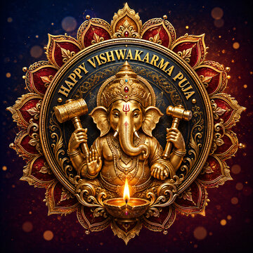 Happy Vishwakarma Puja Emblem with Lord Ganesha Holding Hammers for Festival Greeting Banner