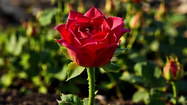 Red rose with green leaves in garden