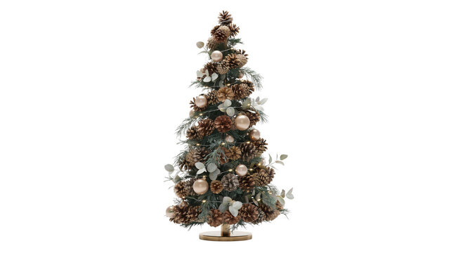 Small artificial christmas tree decorated with pinecones and baubles isolated on transparent background