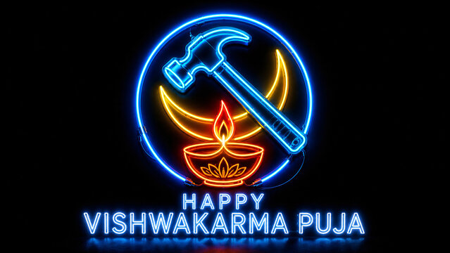 Happy Vishwakarma Puja Neon Hammer and Diya Icon on Black Background for Festival Greeting Banner
