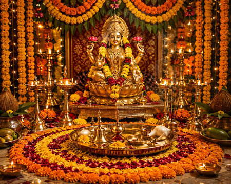 Golden Hindu Deity Shrine with Floral Decorations and Oil Lamps for Festival Greeting Banner Design