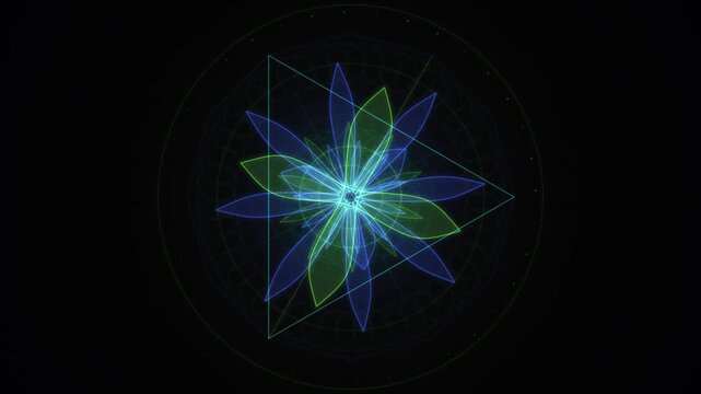 Glowing green geometric flower mandala with overlapping triangular and circular patterns against a dark background