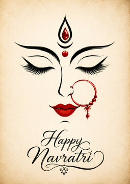 Minimal Goddess Face Line Art with Happy Navratri Typography for Festival Greeting Card Design