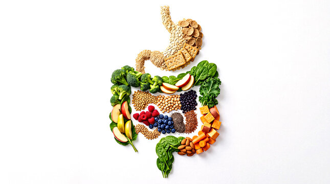 High Fiber Foods Arranged as Digestive System om White Isolated Background