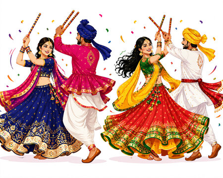 Traditional Garba Dandiya Dancers in Colorful Indian Attire Celebration Illustration for Festival Poster