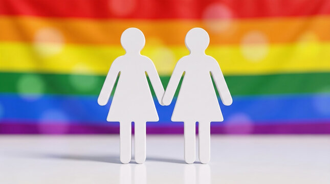 Conceptual 3D paper cutout illustration of two female figures holding hands, representing a lesbian couple. Blurred rainbow LGBTQ+ pride flag in the background.