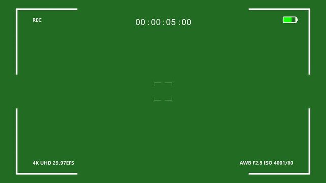 Video camera recorder screen overlay on green background, standard recording animation dashboard interface, motion graphic UI overlay for a recording feel or video production scenes, 4k loop