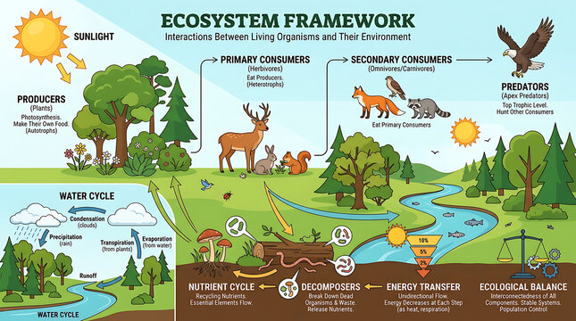 Ecosystem Framework Diagram: Interactions Between Living Organisms and Environment, Energy Transfer, Water Cycle, Nutrient Cycle, Ecological Balance