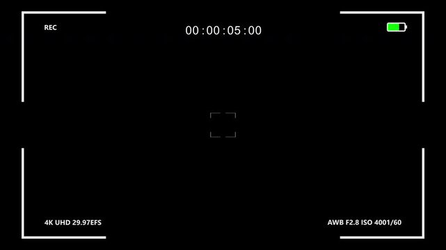 Video camera recorder screen overlay on black background, standard recording animation dashboard interface, motion graphic UI overlay for a recording feel or video production scenes, 4k loop