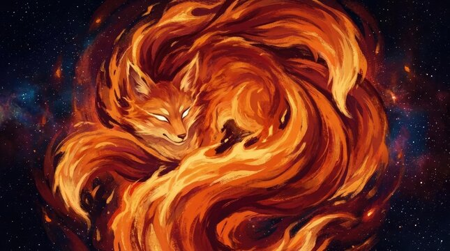 Mythical fire fox kitsune illustration with glowing flames.