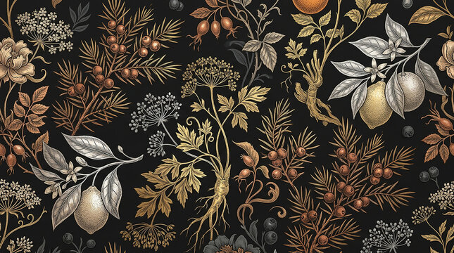 Seamless pattern with various hand drawn botanical elements and fruits on dark background.