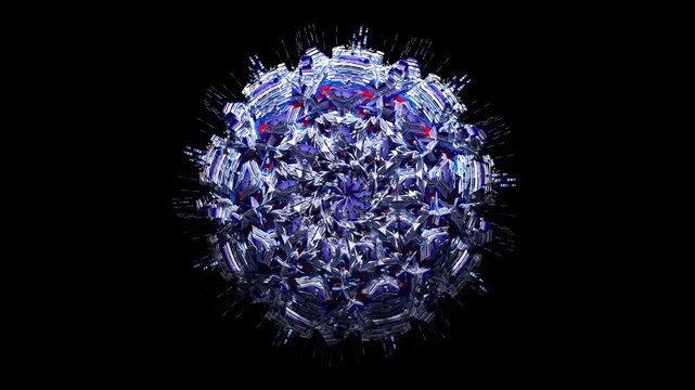 3d render of abstract art of surreal alien fractal star flower mechanism object in rotation modification process based on geometry shapes as cubes triangles on black background in multicolor