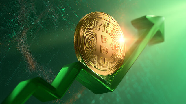 Bitcoin rising on green upward arrow representing cryptocurrency growth, bullish market and digital investment success