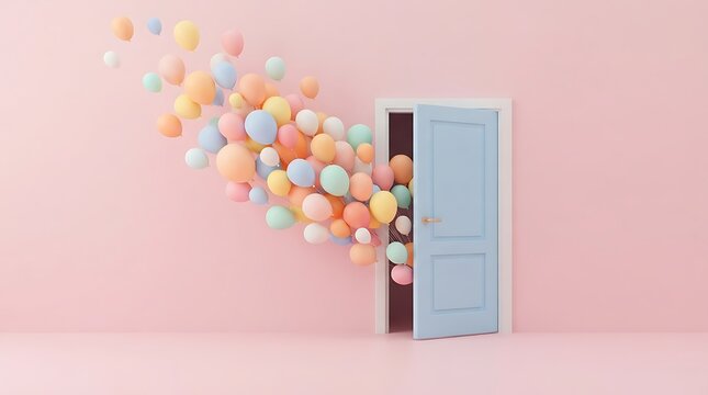 Pastel Balloons Escaping Through Open Blue Door on Pink Wall: Whimsical 3D Celebration Concept