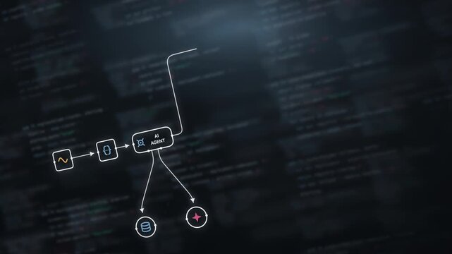 Dynamic AI Agent Workflow Visualization Featuring Dark Background with Glowing Elements and Colorful Icons, Ideal for Podcast Transcription Themes