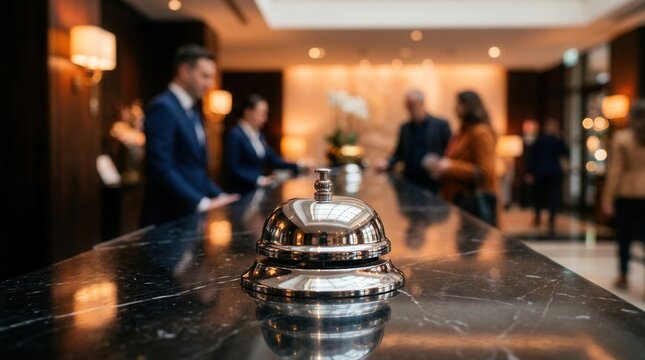 Pro hospitality service at a luxury hotel lobby featuring a reception desk with bell and staff assisting guests.
