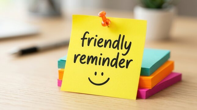 Stack of colorful paper with a pinned yellow sticky note showing a face and friendly reminder text for appointments and tasks.