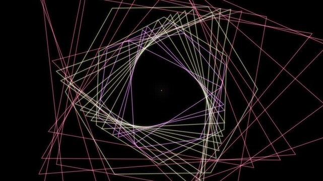 Multicolored geometric lines form a spiraling tunnel effect against a black background.
