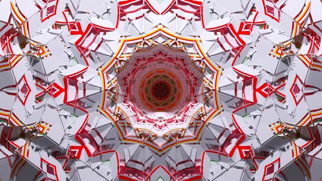 3d render video animation of an alien fractal object based on geometric figures as cubes, triangles, and pyramids, in white ceramic material with color decorative parts in red and yellow on a black