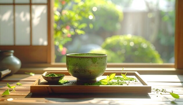 Japanese green matcha tea in traditional ceramic bowl cup on wooden tray variant 72