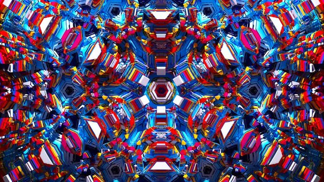 3d render video animation of 3d background with part of an alien fractal object based on geometric figures such as cubes, triangles, and pyramids, in white ceramic material with decorative parts in bl