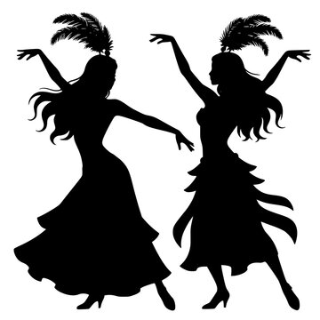 Black silhouettes of two cabaret showgirls in feathered headdresses and tiered dresses - design for carnival party invitations, dance studio posters, and retro theater flyers. Transparent PNG version.