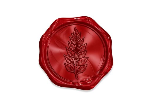 Red wax seal with leaf imprint isolated