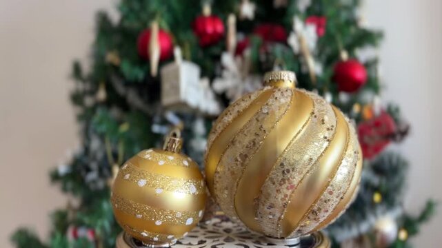 Tres bolas doradas girando con &aacute;rbol desenfocado