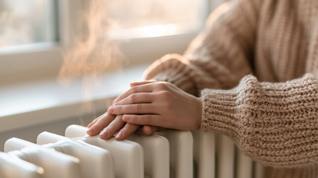Woman warming hands on home radiator during cold weather and winter heating season