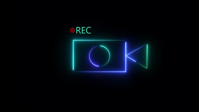 Neon video camera recording icon with red rec light on black background