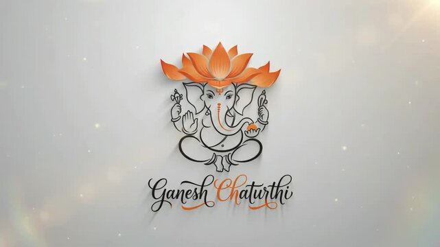 Minimal Lord Ganesha Line Art with Lotus Crown on White Background Glowing Motion Graphics Video
