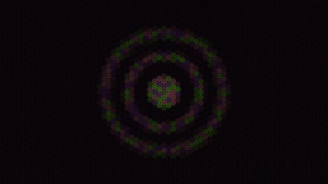Glowing green and purple concentric circles pattern radiating outward against a dark hexagonal background.
