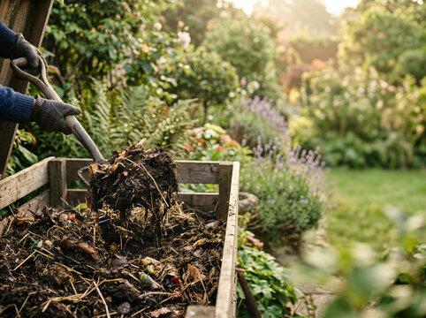 Gardener forking compost pile with lavender border and garden path