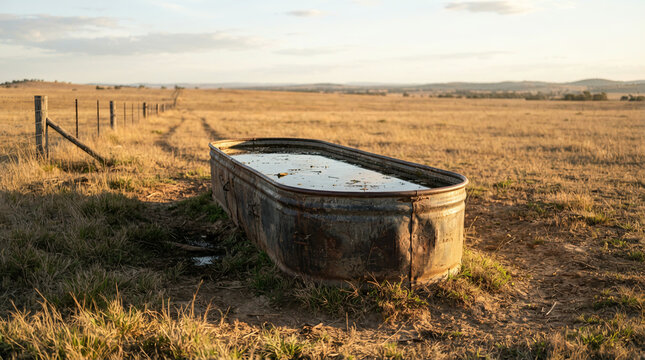 Rusted galvanised water trough in a dry golden paddock at sunset