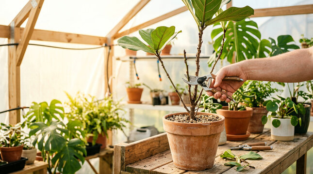 Person pruning a small fig tree in a terracotta pot at a greenhouse bench