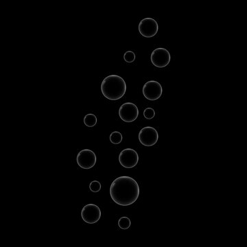 Transparent Water Bubbles Rising on Black Background Realistic Abstract Illustration. editable.